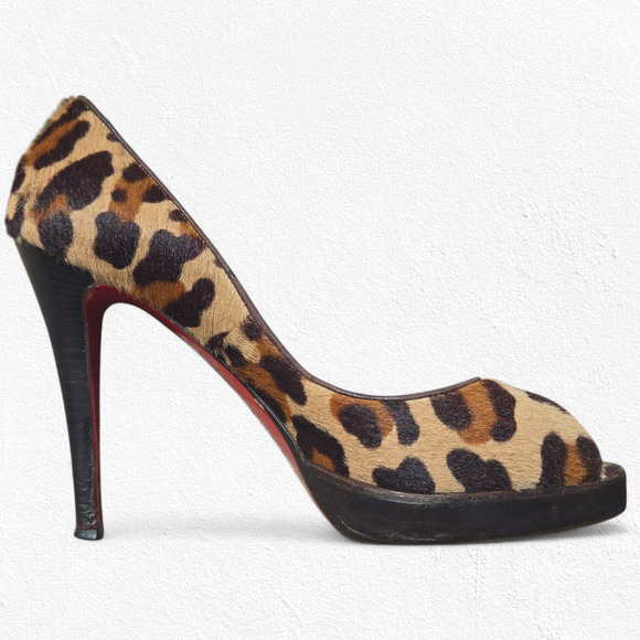 Christian Louboutin Leopard Pony Hair Very Prive Heels 39.5 US 9.5 Peep Toe Pump - Picture 5 of 16